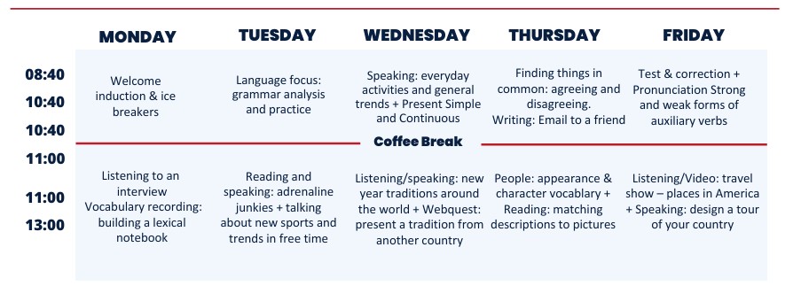 Timetable Escola Cork English College Na Irlanda